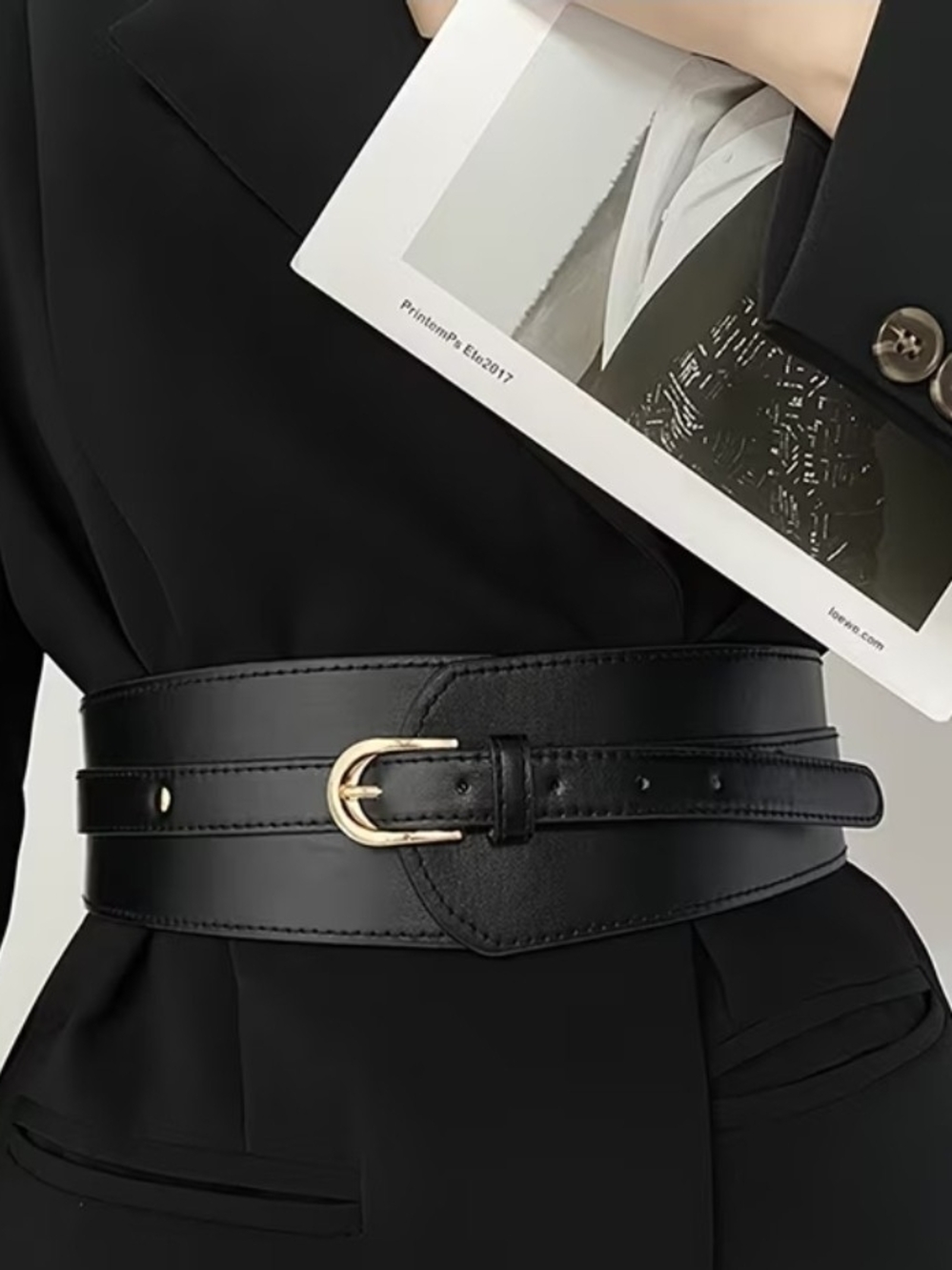 Black Faux Leather Elastic Back Wide Waist Belt with Gold Buckle